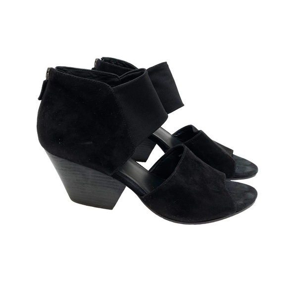 Eileen Fisher Black Suede Sandal Heels Zip Back Mesh Strap Size 9 - Picture 7 of 15